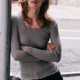 Rosemunde - Silke Bluse Med Blondekant Brown Melange