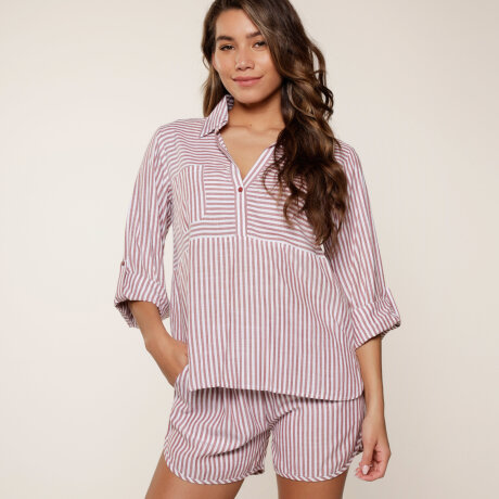 LingaDore - Pyjamas Sæt Kort Soft Bordeaux Stripes